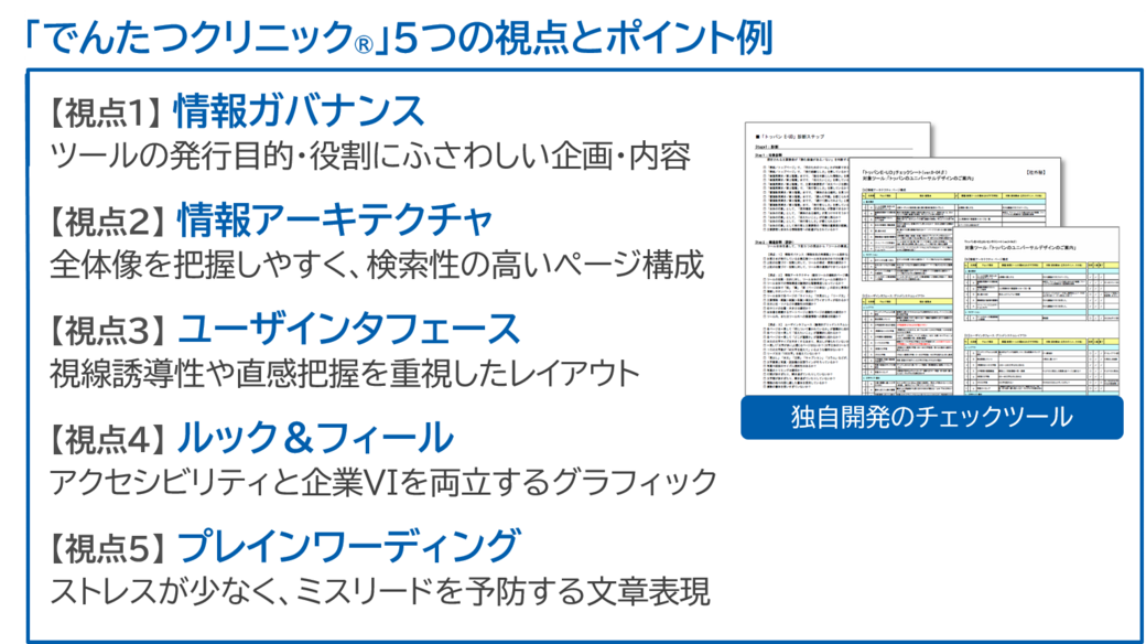 「でんたつクリニック」5つの視点とポイント例　でんたつクリニックには、5つの視点で独自に開発したチェックツールがあります。1.情報ガバナンス。ツールの発行目的や役割にふさわしい企画や内容か。2.情報アーキテクチャ。全体像を把握しやすく、検索性の高いページ構成か。3.ユーザインタフェース。視線誘導性や直感把握を重視したレイアウトか。4.ルック＆フィール。アクセシビリティと企業ビジュアルアイデンティティを両立するグラフィックか。5.プレインワーディング。ストレスが少なく、ミスリードを予防する文章表現か。