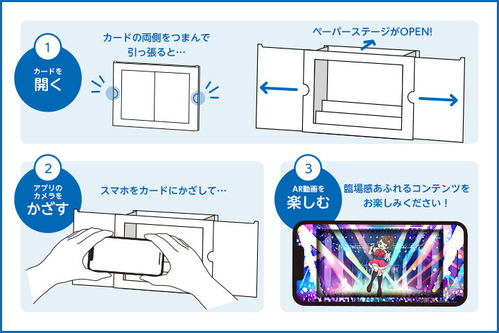 ①カードを開く　②スマホアプリのカメラをかざす　③AR動画を楽しむ